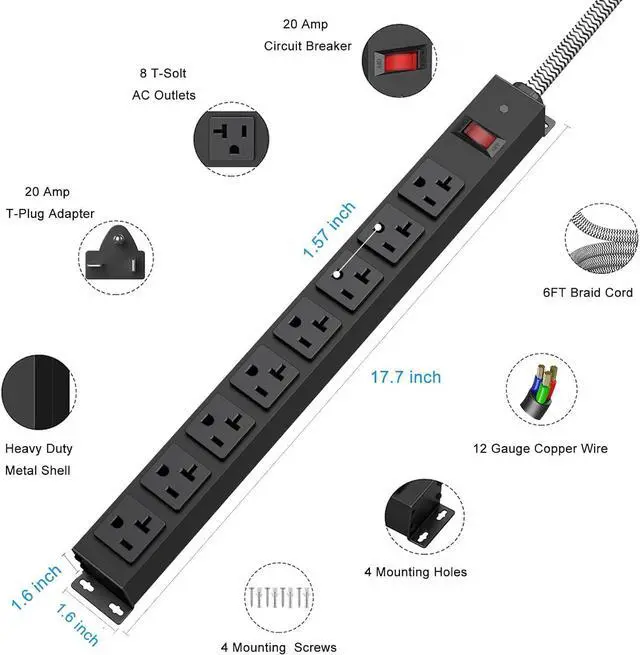 Alt view image 7 of 7 - HEZI 20 Amp Power Strip Surge Protector 1200J, Metal 8 Outlets Heavy Duty 20amp, 6Ft 12 Gauge Extension Cord for Appliance Workbench Garage Industrial, Combine with T-Plug Adapter,5-20R T-Slot