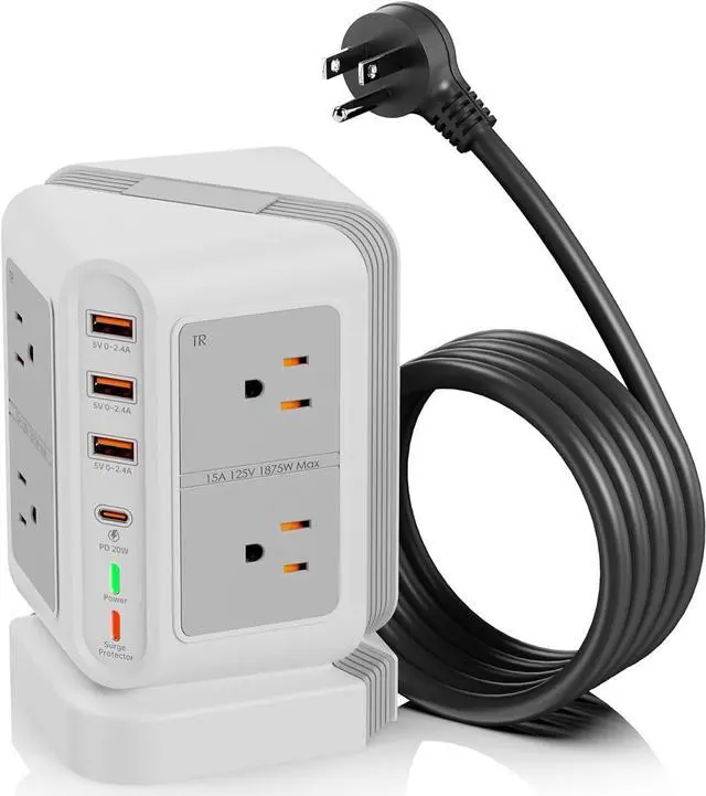 Main image of Power Strip Tower Surge Protector Multiple 12 Outlets(8xAC,3xUSB A,1xPD20W USB C),Desktop Charging Station with 6.5FT Extension Cord,Vertical Power Strip for Home Office Nightstand,Dorm Room (White)