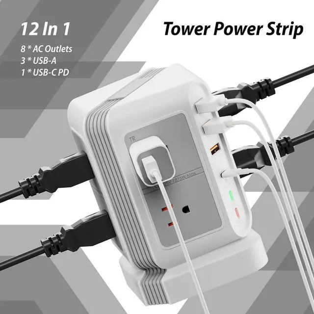 Alt view image 2 of 7 - Power Strip Tower Surge Protector Multiple 12 Outlets(8xAC,3xUSB A,1xPD20W USB C),Desktop Charging Station with 6.5FT Extension Cord,Vertical Power Strip for Home Office Nightstand,Dorm Room (White)