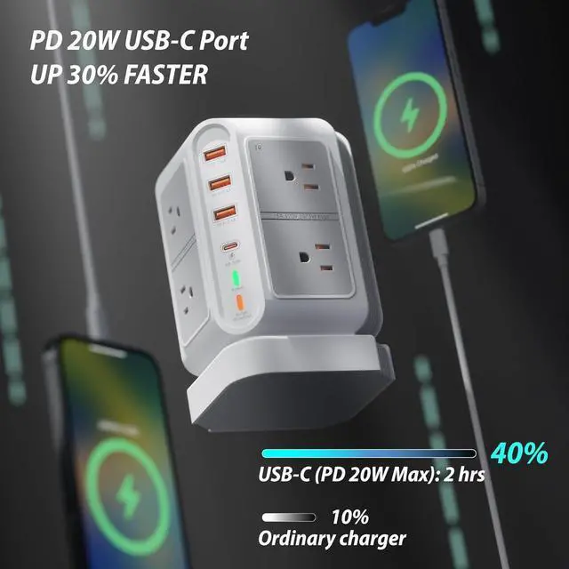 Alt view image 3 of 7 - Power Strip Tower Surge Protector Multiple 12 Outlets(8xAC,3xUSB A,1xPD20W USB C),Desktop Charging Station with 6.5FT Extension Cord,Vertical Power Strip for Home Office Nightstand,Dorm Room (White)