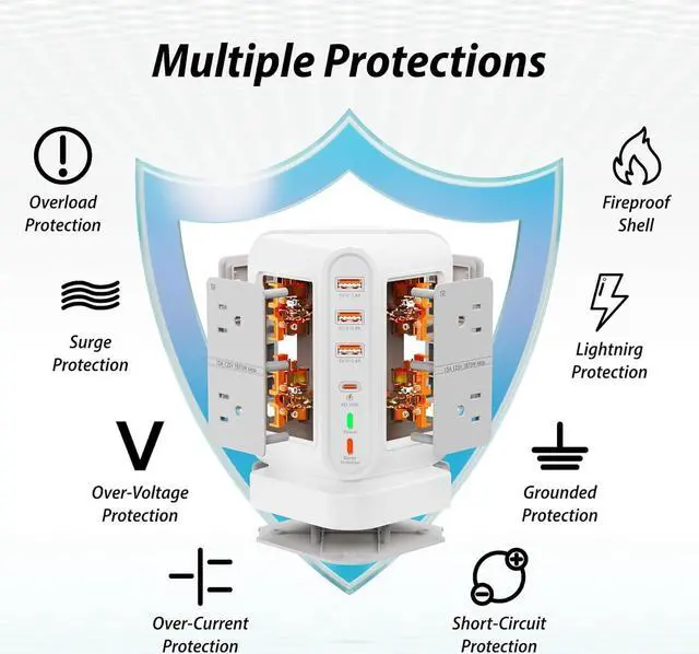 Alt view image 4 of 7 - Power Strip Tower Surge Protector Multiple 12 Outlets(8xAC,3xUSB A,1xPD20W USB C),Desktop Charging Station with 6.5FT Extension Cord,Vertical Power Strip for Home Office Nightstand,Dorm Room (White)