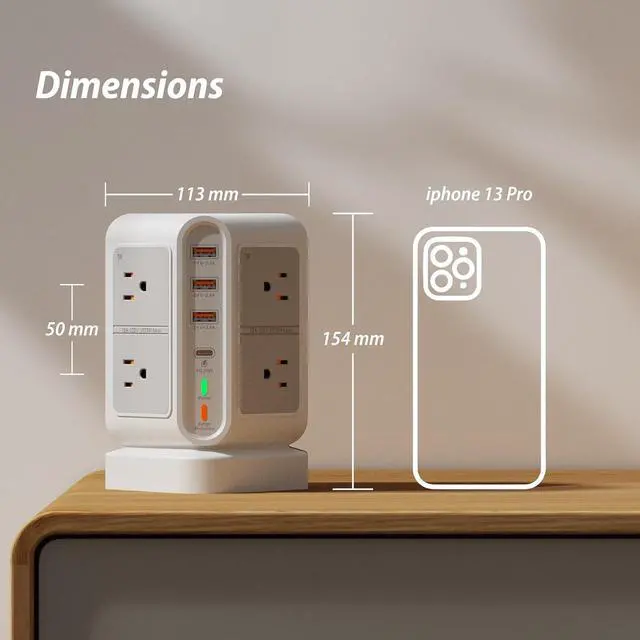 Alt view image 5 of 7 - Power Strip Tower Surge Protector Multiple 12 Outlets(8xAC,3xUSB A,1xPD20W USB C),Desktop Charging Station with 6.5FT Extension Cord,Vertical Power Strip for Home Office Nightstand,Dorm Room (White)