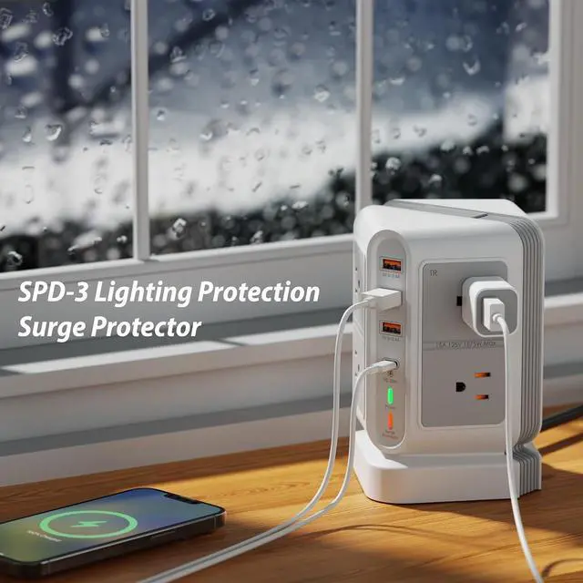 Alt view image 6 of 7 - Power Strip Tower Surge Protector Multiple 12 Outlets(8xAC,3xUSB A,1xPD20W USB C),Desktop Charging Station with 6.5FT Extension Cord,Vertical Power Strip for Home Office Nightstand,Dorm Room (White)