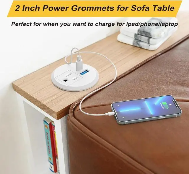 Alt view image 4 of 7 - 2 Inch Desk Power Grommet USB C PD 20W, Recessed Power Strip Socket with AC Plugs and 2 USB Charging Ports, Hidden Power Strip for Office Furniture Conference Room Kitchen Table, White