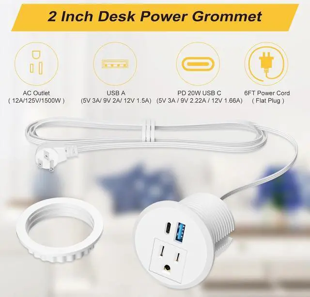 Alt view image 5 of 7 - 2 Inch Desk Power Grommet USB C PD 20W, Recessed Power Strip Socket with AC Plugs and 2 USB Charging Ports, Hidden Power Strip for Office Furniture Conference Room Kitchen Table, White