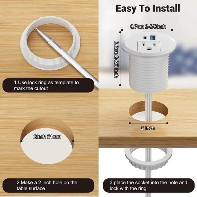 Alt view image 6 of 7 - 2 Inch Desk Power Grommet USB C PD 20W, Recessed Power Strip Socket with AC Plugs and 2 USB Charging Ports, Hidden Power Strip for Office Furniture Conference Room Kitchen Table, White