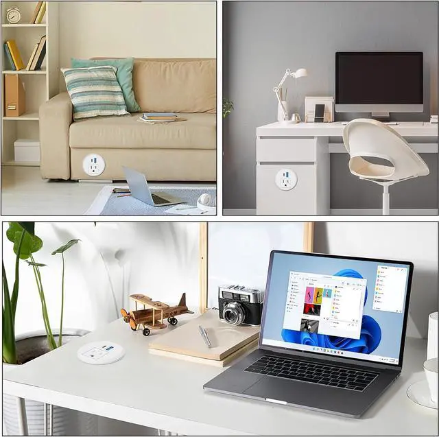 Alt view image 7 of 7 - 2 Inch Desk Power Grommet USB C PD 20W, Recessed Power Strip Socket with AC Plugs and 2 USB Charging Ports, Hidden Power Strip for Office Furniture Conference Room Kitchen Table, White