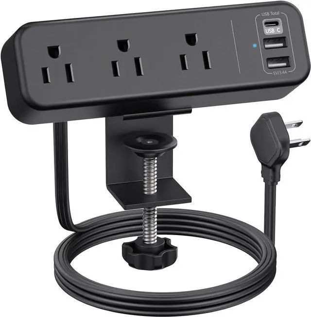 Main image of 3 Outlet Desk Clamp Power Strip with USB C, Black Flat Plug Desktop Edge Clamp Power Socket Connect 6.5 ft Thin Extension Cord for 1.6 inch Tables