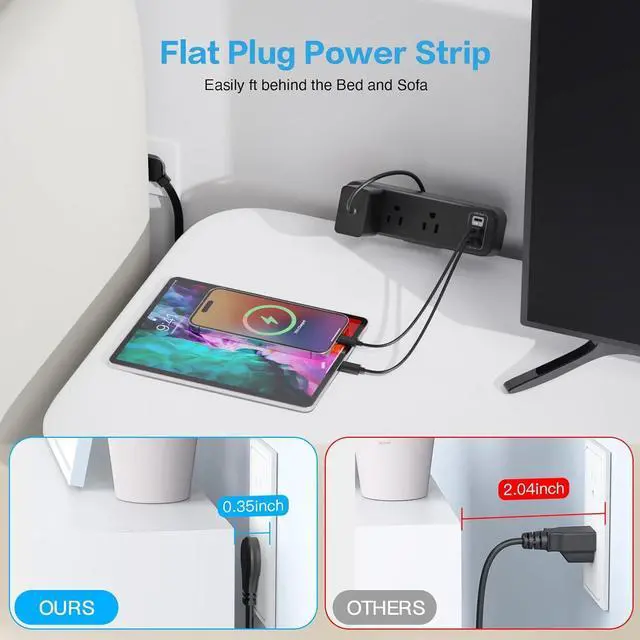 Alt view image 2 of 7 - 3 Outlet Desk Clamp Power Strip with USB C, Black Flat Plug Desktop Edge Clamp Power Socket Connect 6.5 ft Thin Extension Cord for 1.6 inch Tables