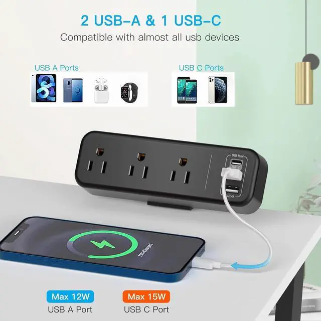 Alt view image 4 of 7 - 3 Outlet Desk Clamp Power Strip with USB C, Black Flat Plug Desktop Edge Clamp Power Socket Connect 6.5 ft Thin Extension Cord for 1.6 inch Tables