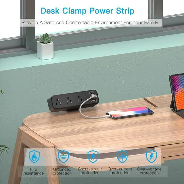 Alt view image 6 of 7 - 3 Outlet Desk Clamp Power Strip with USB C, Black Flat Plug Desktop Edge Clamp Power Socket Connect 6.5 ft Thin Extension Cord for 1.6 inch Tables