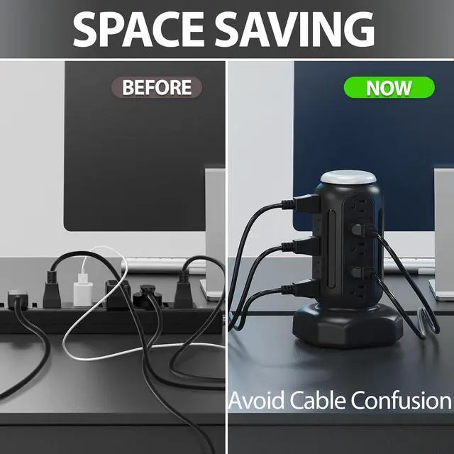 Alt view image 4 of 6 - Multiple Plug PD 30W Fast Charging Power Strip, with Surge Protector, RGB Night Light, 15 Outlets Power Tower, 2 Type C and 4 USB Ports, Space Saving, Retractable Extension Cord 6.5ft for Home (Black)