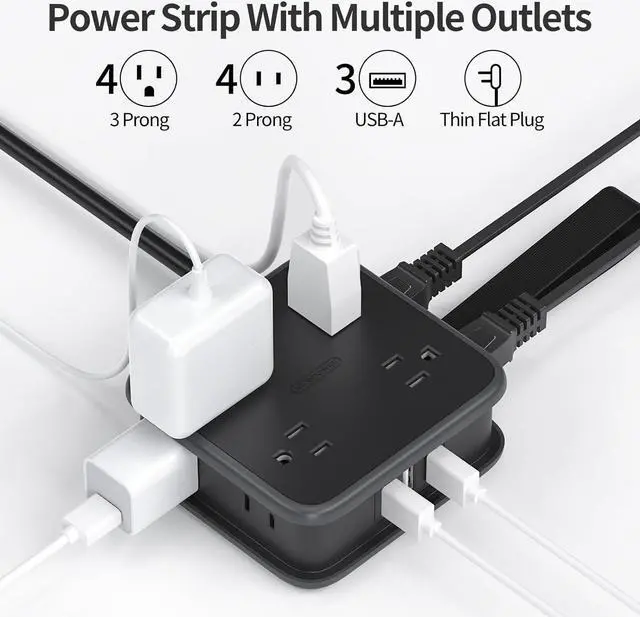 Alt view image 2 of 5 - NTONPOWER Flat Plug Power Strip, 5 ft Extension Cord with 8 Widely Outlets and 3 USB Ports, 3 Side Outlet Extender, Wall Mount, Overload Potection, Compact Power Strip for Home, Dorm Room Essentials