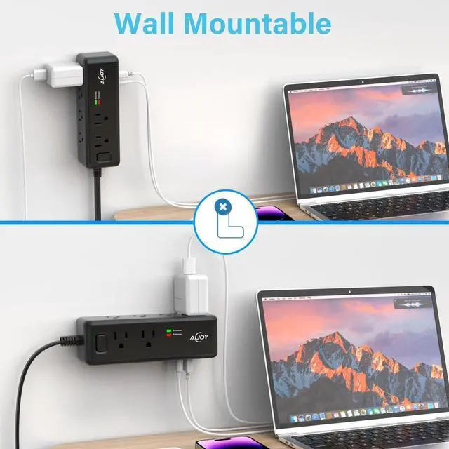 Alt view image 5 of 7 - Power Strip Surge Protector, 5 FT Extension Cord with 8 AC Ports and 3 USB Ports (1 USB C), 3-Side Outlet Extender Strip, Flat Plug, Wall Mount, Small Power Strip for Travel Office Dorm Home