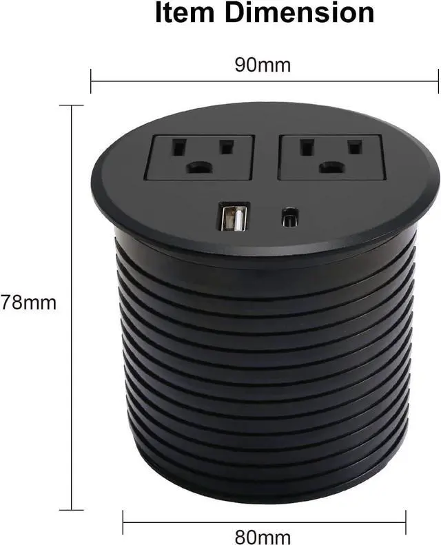 Alt view image 2 of 7 - Desk Power Grommet USB C Recessed Power Strip 2 Outlet 2 USB Ports (1 USB-C & 1 USB) Mountable Power Station Flat Plug Extension Cord for Desktop Sofa Table BedHead Kitchen Island Black