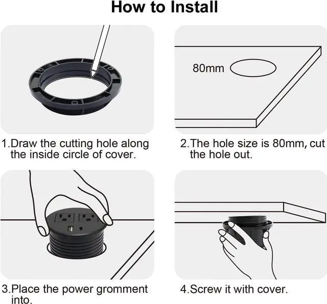 Alt view image 3 of 7 - Desk Power Grommet USB C Recessed Power Strip 2 Outlet 2 USB Ports (1 USB-C & 1 USB) Mountable Power Station Flat Plug Extension Cord for Desktop Sofa Table BedHead Kitchen Island Black