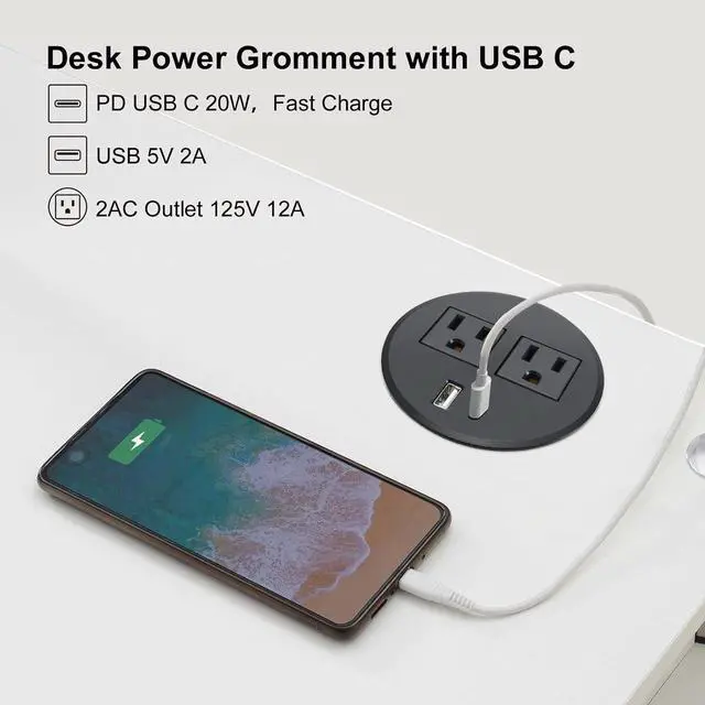 Alt view image 4 of 7 - Desk Power Grommet USB C Recessed Power Strip 2 Outlet 2 USB Ports (1 USB-C & 1 USB) Mountable Power Station Flat Plug Extension Cord for Desktop Sofa Table BedHead Kitchen Island Black