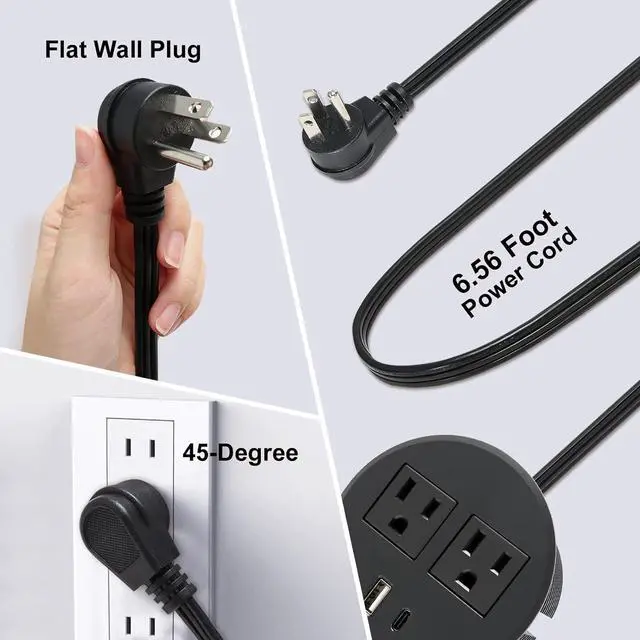 Alt view image 5 of 7 - Desk Power Grommet USB C Recessed Power Strip 2 Outlet 2 USB Ports (1 USB-C & 1 USB) Mountable Power Station Flat Plug Extension Cord for Desktop Sofa Table BedHead Kitchen Island Black