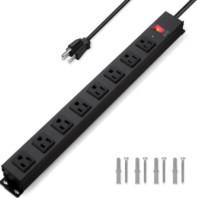 Main image of 8 Outlet Power Strip Surge Protector, 6 Feet Metal Power Strip Heavy Duty with Switch for Home Office School Shop Garage, Wall Mount with Screw, 2100J 15A 125V 1875W, 14AWG, SGS Listed, Black