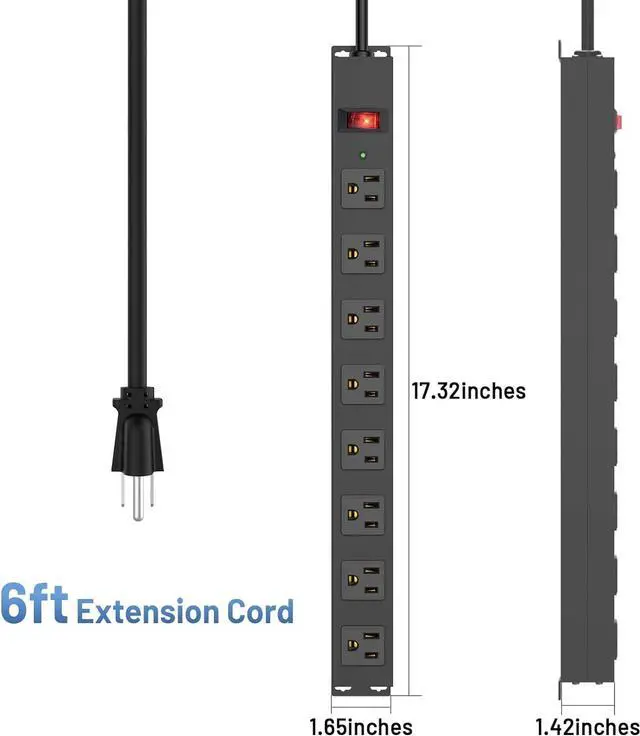 Alt view image 5 of 7 - 8 Outlet Power Strip Surge Protector, 6 Feet Metal Power Strip Heavy Duty with Switch for Home Office School Shop Garage, Wall Mount with Screw, 2100J 15A 125V 1875W, 14AWG, SGS Listed, Black