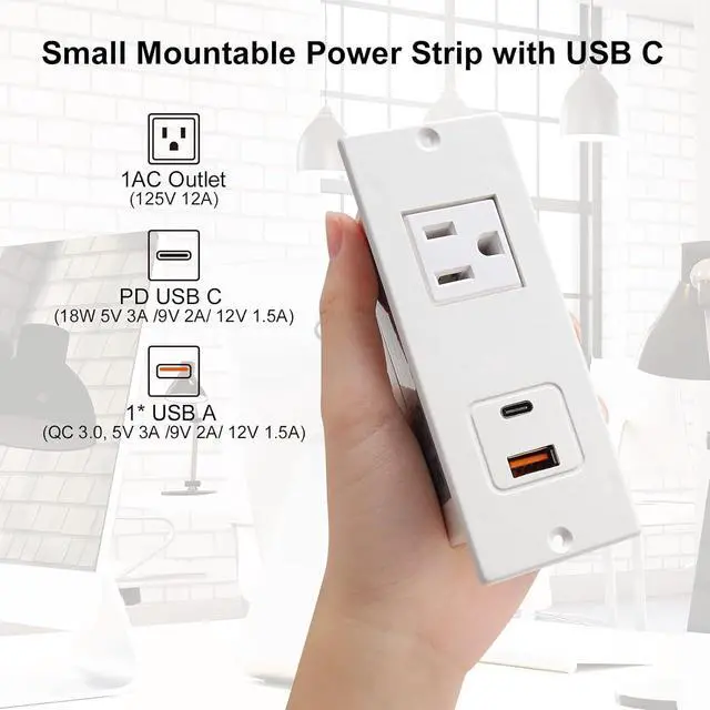Alt view image 3 of 6 - Recessed Power Strip USB C 20W PD Fast Charge Desk Power Outlet Type C 1 Outlet 2 Quick Charge USB Flush Mounted Long Extension Cord for Nightsand Couch Dorm (White)