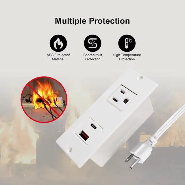 Alt view image 5 of 6 - Recessed Power Strip USB C 20W PD Fast Charge Desk Power Outlet Type C 1 Outlet 2 Quick Charge USB Flush Mounted Long Extension Cord for Nightsand Couch Dorm (White)