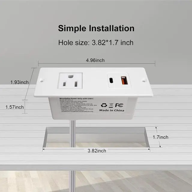 Alt view image 2 of 6 - Recessed Power Strip USB C 20W PD Fast Charge Desk Power Outlet Type C 1 Outlet 2 Quick Charge USB Flush Mounted Long Extension Cord for Nightsand Couch Dorm (White)