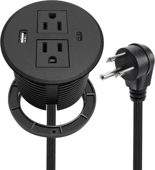 Main image of Desk Power Grommet USB C Total 30W, PD Fast Charge Desktop Power Strip 2 Outlets 2 USB Ports Recessed Flat Plug Extension Cord Mount into Countertop Shelf Cabinet End Table. (Black)