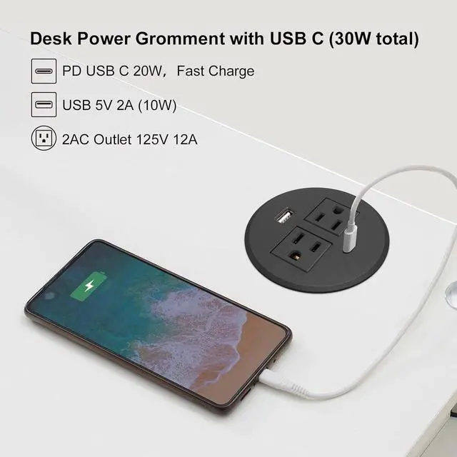 Alt view image 2 of 7 - Desk Power Grommet USB C Total 30W, PD Fast Charge Desktop Power Strip 2 Outlets 2 USB Ports Recessed Flat Plug Extension Cord Mount into Countertop Shelf Cabinet End Table. (Black)