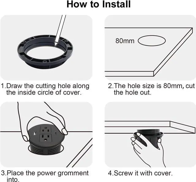 Alt view image 3 of 7 - Desk Power Grommet USB C Total 30W, PD Fast Charge Desktop Power Strip 2 Outlets 2 USB Ports Recessed Flat Plug Extension Cord Mount into Countertop Shelf Cabinet End Table. (Black)
