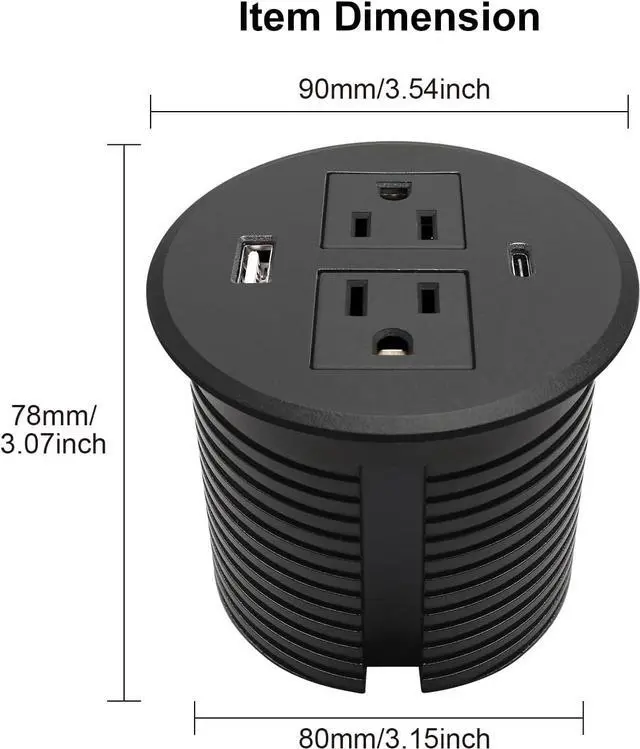 Alt view image 4 of 7 - Desk Power Grommet USB C Total 30W, PD Fast Charge Desktop Power Strip 2 Outlets 2 USB Ports Recessed Flat Plug Extension Cord Mount into Countertop Shelf Cabinet End Table. (Black)