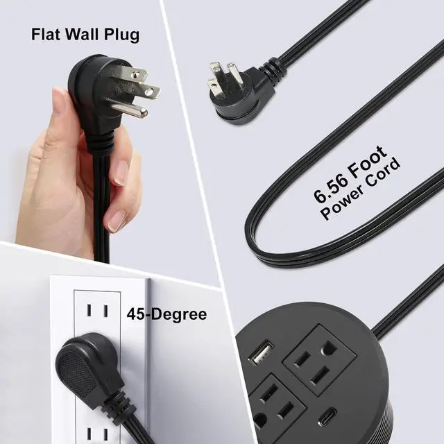 Alt view image 5 of 7 - Desk Power Grommet USB C Total 30W, PD Fast Charge Desktop Power Strip 2 Outlets 2 USB Ports Recessed Flat Plug Extension Cord Mount into Countertop Shelf Cabinet End Table. (Black)