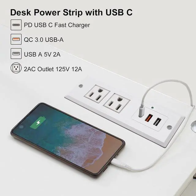 Alt view image 2 of 6 - Recessed Power Strip with USB C, 20W PD Fast Charge Desk Multiple Outlets Type C Mountable Power Socket 6.56 FT Extension Cord (White)