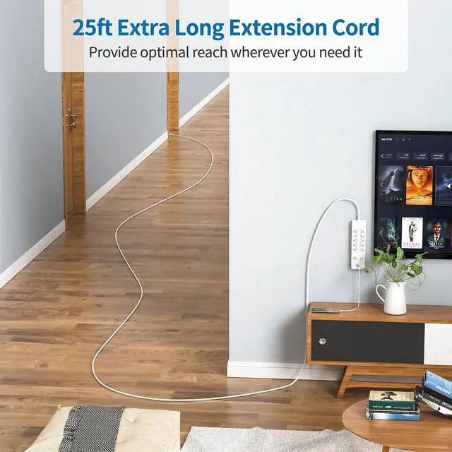 Alt view image 2 of 7 - Extension Cord 25 Ft, NTONPOWER Long Surge Protector Power Strip with 12 Outlet 3 USB, 2100 Joules, 1875W/15A, Overload Protection, Flat Plug, Wall Mount for Home Office, Workbench, Garage, White