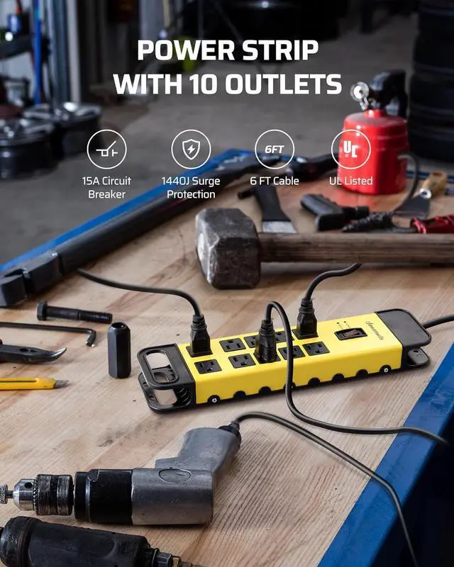 Alt view image 2 of 7 - DEWENWILS 10-Outlet Metal Surge Protector Power Strip, 6Ft Cord Flat Plug, 15A Circuit Breaker, 14AWG 1440Joules, Heavy Duty Industrial Power Strip for Garage Workshop, Wall Mountable, UL Listed