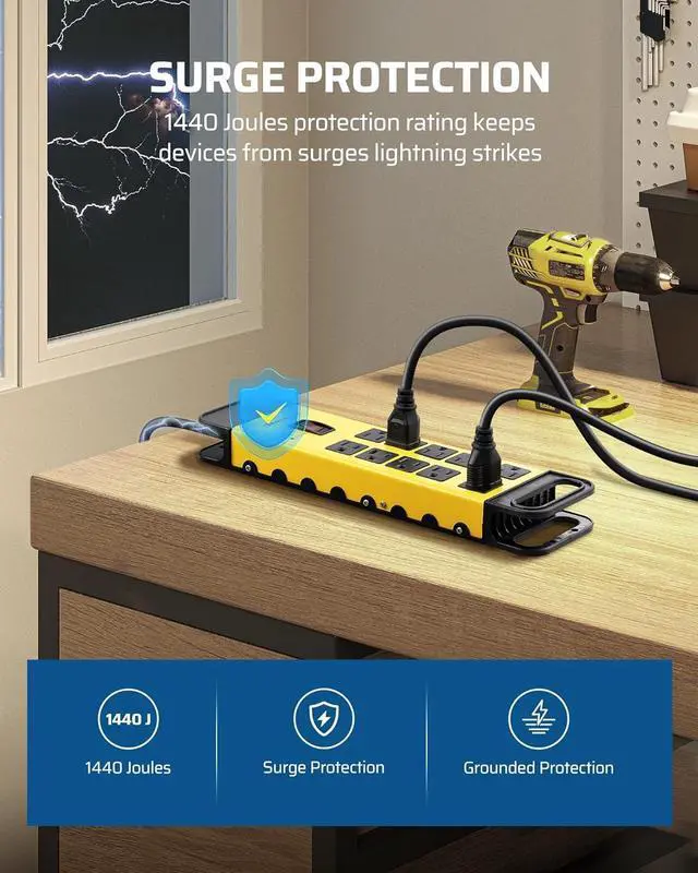 Alt view image 3 of 7 - DEWENWILS 10-Outlet Metal Surge Protector Power Strip, 6Ft Cord Flat Plug, 15A Circuit Breaker, 14AWG 1440Joules, Heavy Duty Industrial Power Strip for Garage Workshop, Wall Mountable, UL Listed