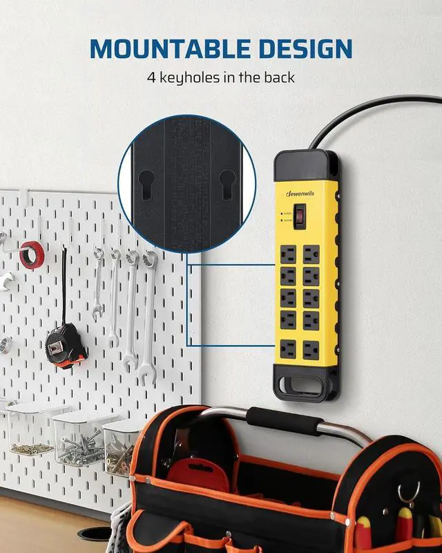 Alt view image 6 of 7 - DEWENWILS 10-Outlet Metal Surge Protector Power Strip, 6Ft Cord Flat Plug, 15A Circuit Breaker, 14AWG 1440Joules, Heavy Duty Industrial Power Strip for Garage Workshop, Wall Mountable, UL Listed