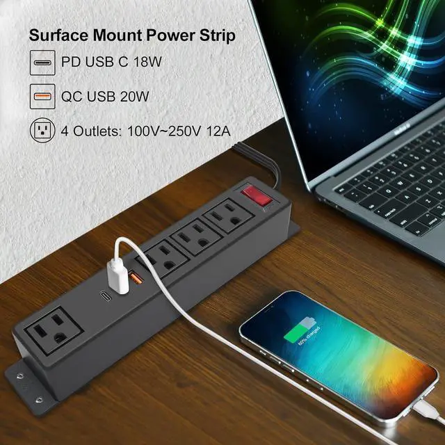 Alt view image 3 of 7 - Wall Mounted Power Strip USB C (Fast Charge 20W), 4 Outlets 3 USB Ports Desktop Power Station, 65ft Extension Cord for Office Home Dorm Travel