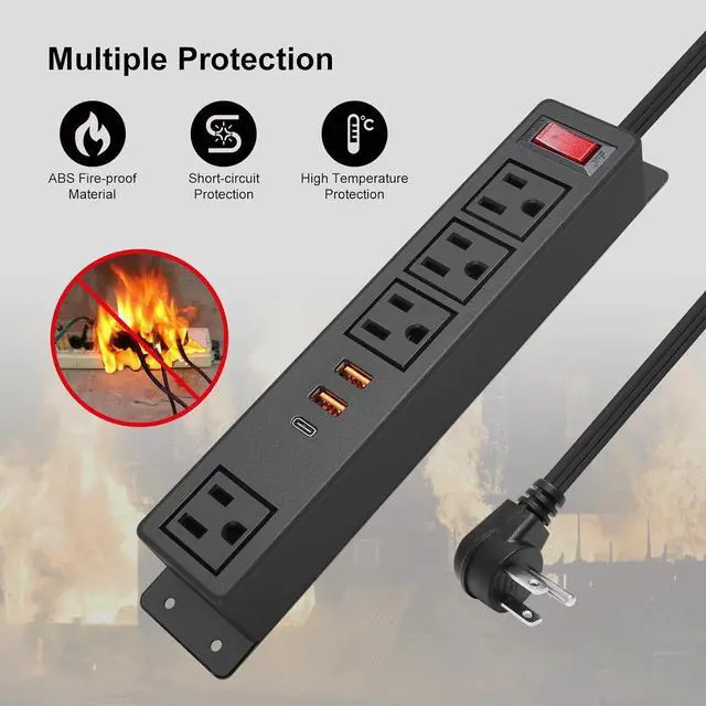 Alt view image 6 of 7 - Wall Mounted Power Strip USB C (Fast Charge 20W), 4 Outlets 3 USB Ports Desktop Power Station, 65ft Extension Cord for Office Home Dorm Travel