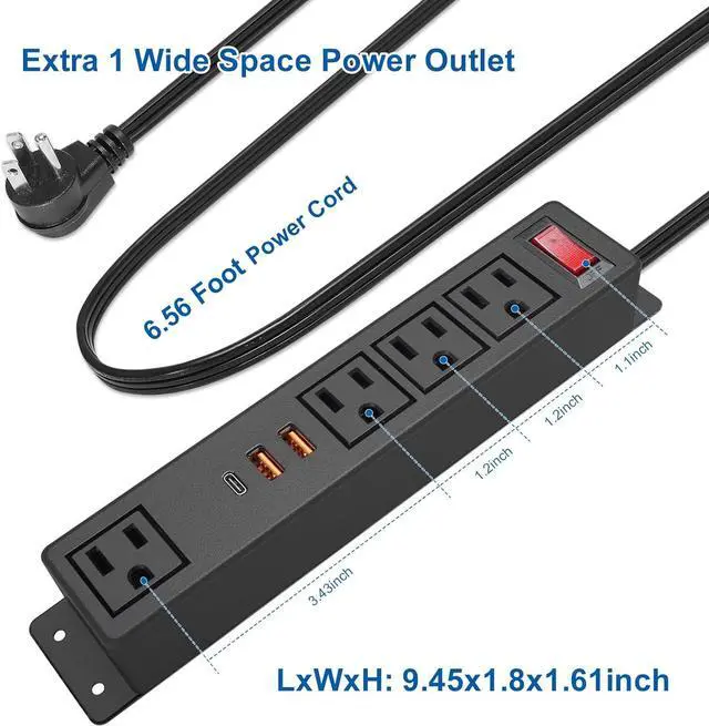 Alt view image 5 of 7 - Wall Mounted Power Strip USB C (Fast Charge 20W), 4 Outlets 3 USB Ports Desktop Power Station, 65ft Extension Cord for Office Home Dorm Travel