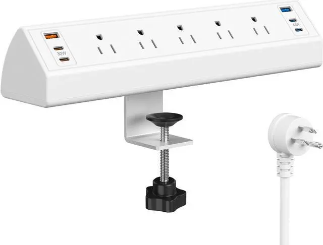 Main image of Desk Clamp Power Strip USB C,75W Total Fast Charging Station,45W and 30W USB-C Ports,Desk Edge Mount Power Strip 6-USB Ports,5 AC Outlets Tabletop Surge Protector,Fit 1.6" Tabletop Edge,White