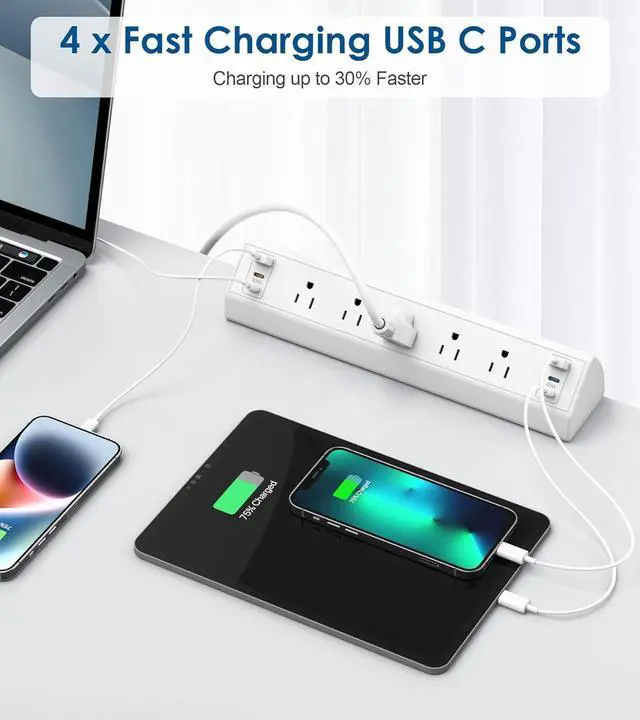 Alt view image 4 of 7 - Desk Clamp Power Strip USB C,75W Total Fast Charging Station,45W and 30W USB-C Ports,Desk Edge Mount Power Strip 6-USB Ports,5 AC Outlets Tabletop Surge Protector,Fit 1.6" Tabletop Edge,White