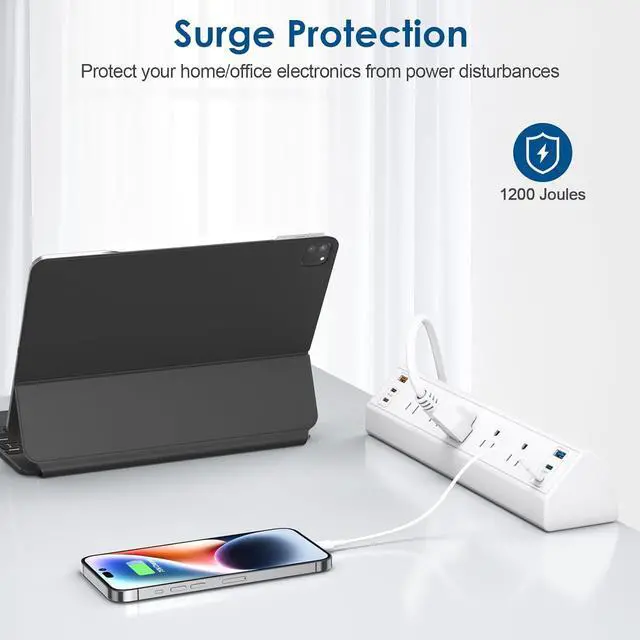Alt view image 5 of 7 - Desk Clamp Power Strip USB C,75W Total Fast Charging Station,45W and 30W USB-C Ports,Desk Edge Mount Power Strip 6-USB Ports,5 AC Outlets Tabletop Surge Protector,Fit 1.6" Tabletop Edge,White