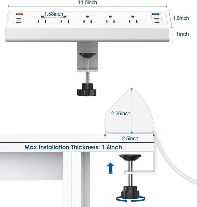Alt view image 7 of 7 - Desk Clamp Power Strip USB C,75W Total Fast Charging Station,45W and 30W USB-C Ports,Desk Edge Mount Power Strip 6-USB Ports,5 AC Outlets Tabletop Surge Protector,Fit 1.6" Tabletop Edge,White