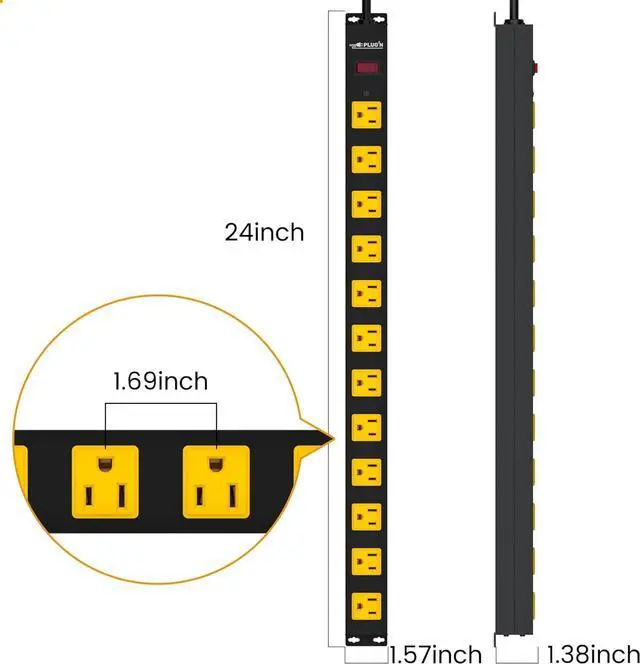Alt view image 3 of 6 - 12 Outlet Long Power Strip, 3FT Power Cord, 2100 Joules Surge Protector, Wide Spaced Outlet Power Bar, Overload Protection Switch, Industrial Heavy Duty for Work Bench, Shop, Garage, 2 Pack