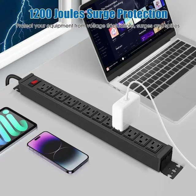 Alt view image 6 of 7 - HHSOET Rotating Mountable Power Strip, 12 Outlet Wall Mount Surge Protector, Metal Heavy Duty and Versatile Outlet Strip, Stylish Appearance, Sturdy and Durable, 6ft Power Cord.(Black)