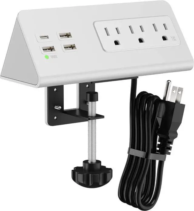 Main image of Desk Edge Clamp Mount Power Strips with 4 USB Ports(1xPD 20W USB-C Port)& 3 AC Outlets,1875 Joules Tabletop Surge Protector, Power Sockets for Office Table/Hotel Nightstands,ETL Listed (1-Pack, White)