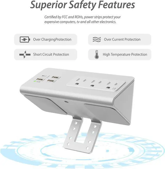 Alt view image 3 of 7 - Desk Edge Clamp Mount Power Strips with 4 USB Ports(1xPD 20W USB-C Port)& 3 AC Outlets,1875 Joules Tabletop Surge Protector, Power Sockets for Office Table/Hotel Nightstands,ETL Listed (1-Pack, White)
