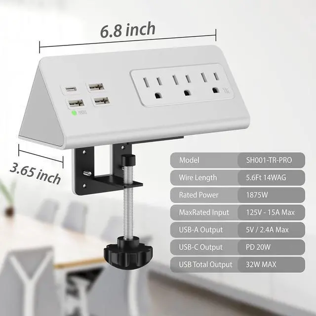 Alt view image 6 of 7 - Desk Edge Clamp Mount Power Strips with 4 USB Ports(1xPD 20W USB-C Port)& 3 AC Outlets,1875 Joules Tabletop Surge Protector, Power Sockets for Office Table/Hotel Nightstands,ETL Listed (1-Pack, White)
