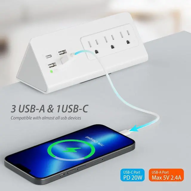 Alt view image 4 of 7 - Desk Edge Clamp Mount Power Strips with 4 USB Ports(1xPD 20W USB-C Port)& 3 AC Outlets,1875 Joules Tabletop Surge Protector, Power Sockets for Office Table/Hotel Nightstands,ETL Listed (1-Pack, White)